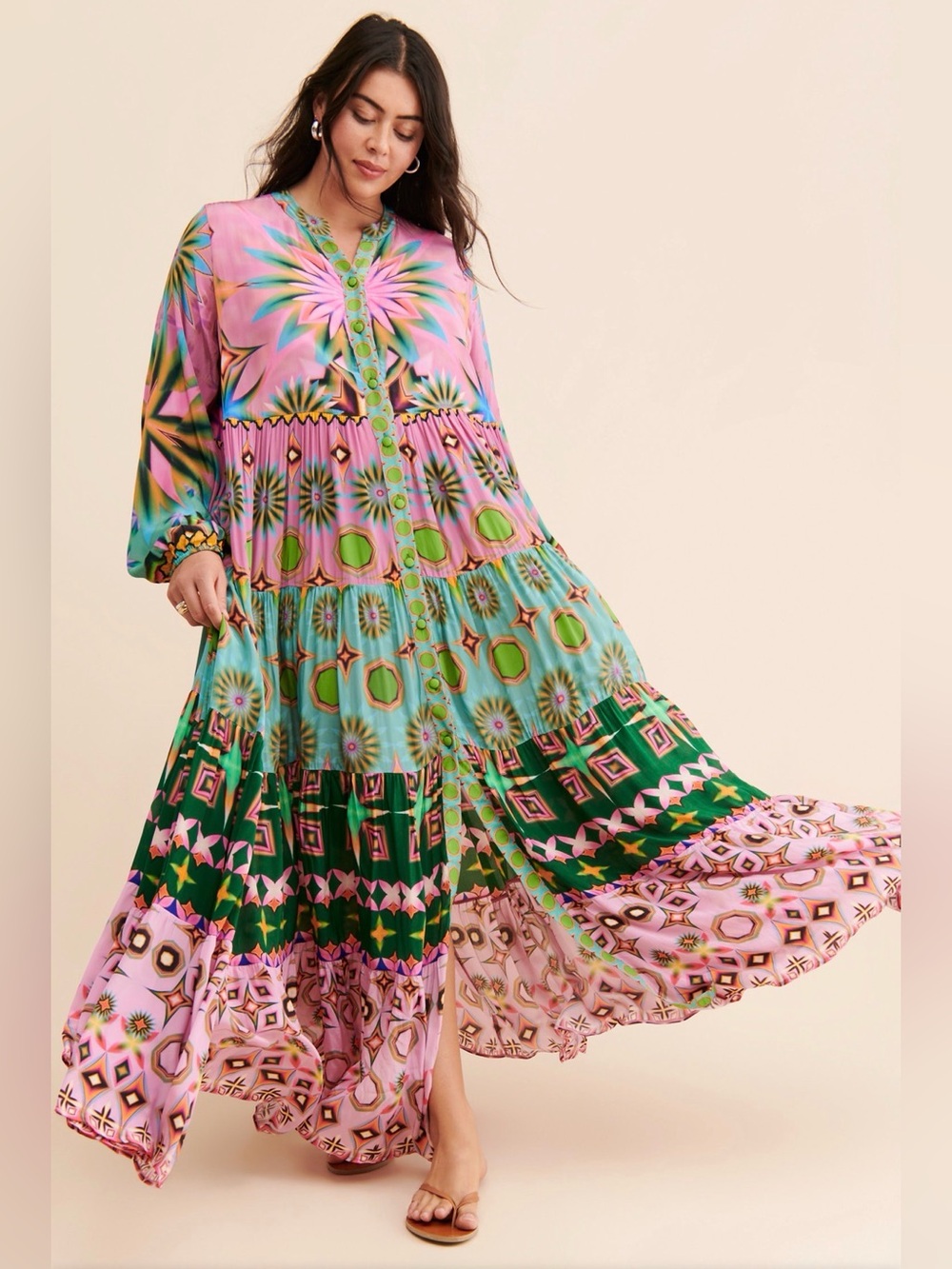 Anthropologie Siddhartha Bansal Mixed Print Button Front Maxi
